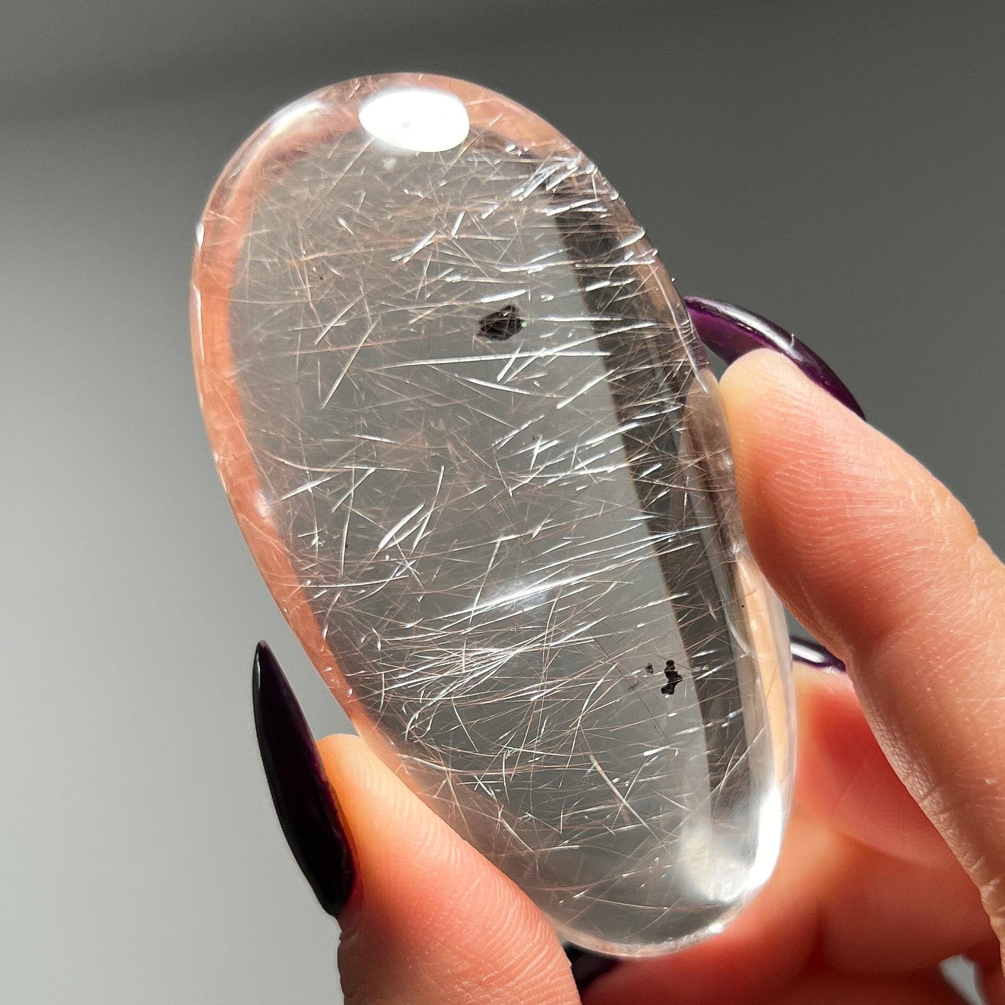 Silver Pink Rutilated Quartz with Hematite Palm Stone