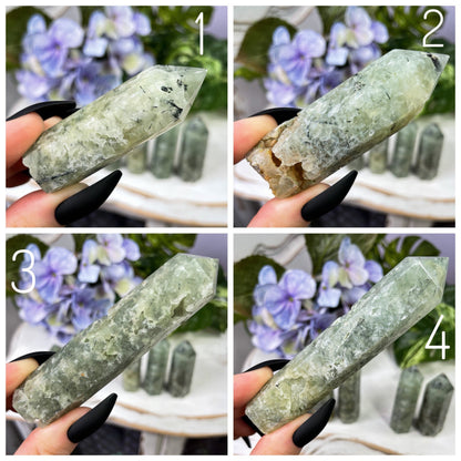 Prehnite with Black Tourmaline Tower