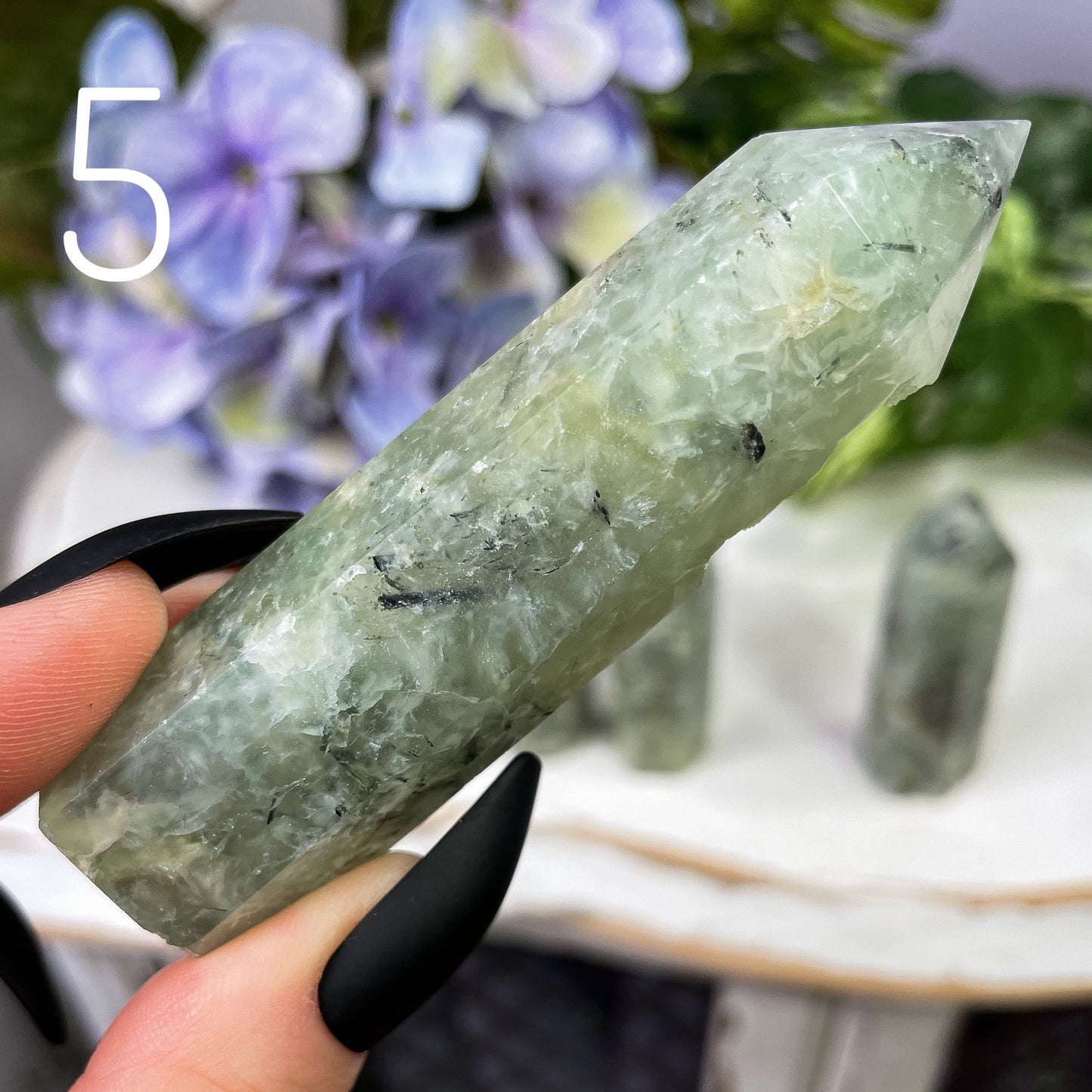 Prehnite with Black Tourmaline Tower