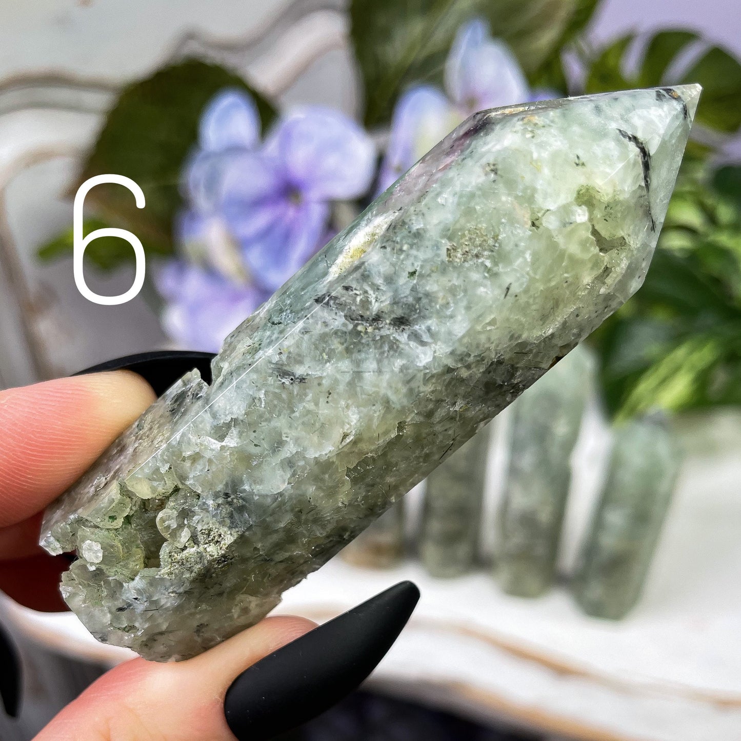 Prehnite with Black Tourmaline Tower