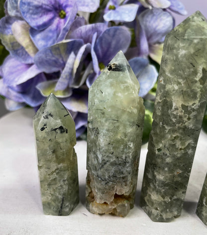 Prehnite with Black Tourmaline Tower