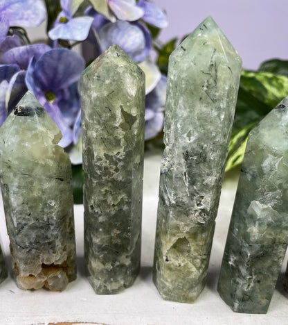 Prehnite with Black Tourmaline Tower