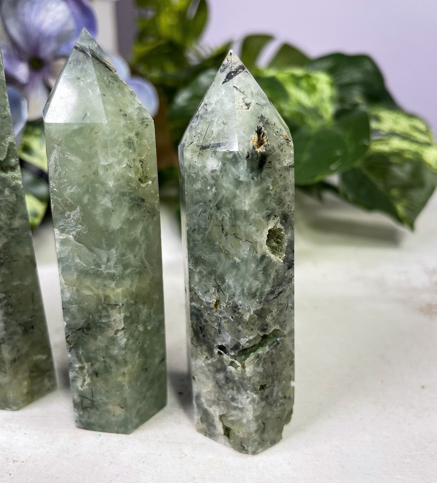 Prehnite with Black Tourmaline Tower