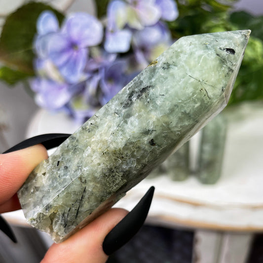 Prehnite with Black Tourmaline Tower