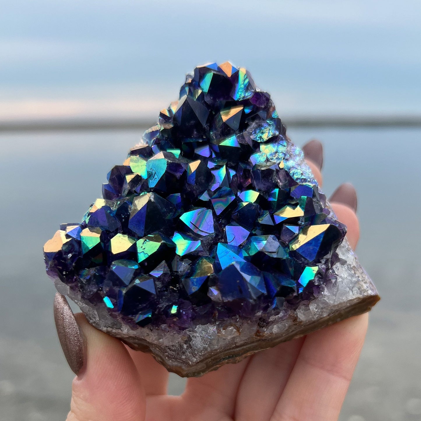 Rainbow Aura Amethyst Standing Cluster