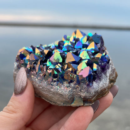 Rainbow Aura Amethyst Standing Cluster