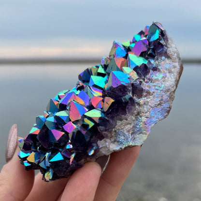 Rainbow Aura Amethyst Standing Cluster