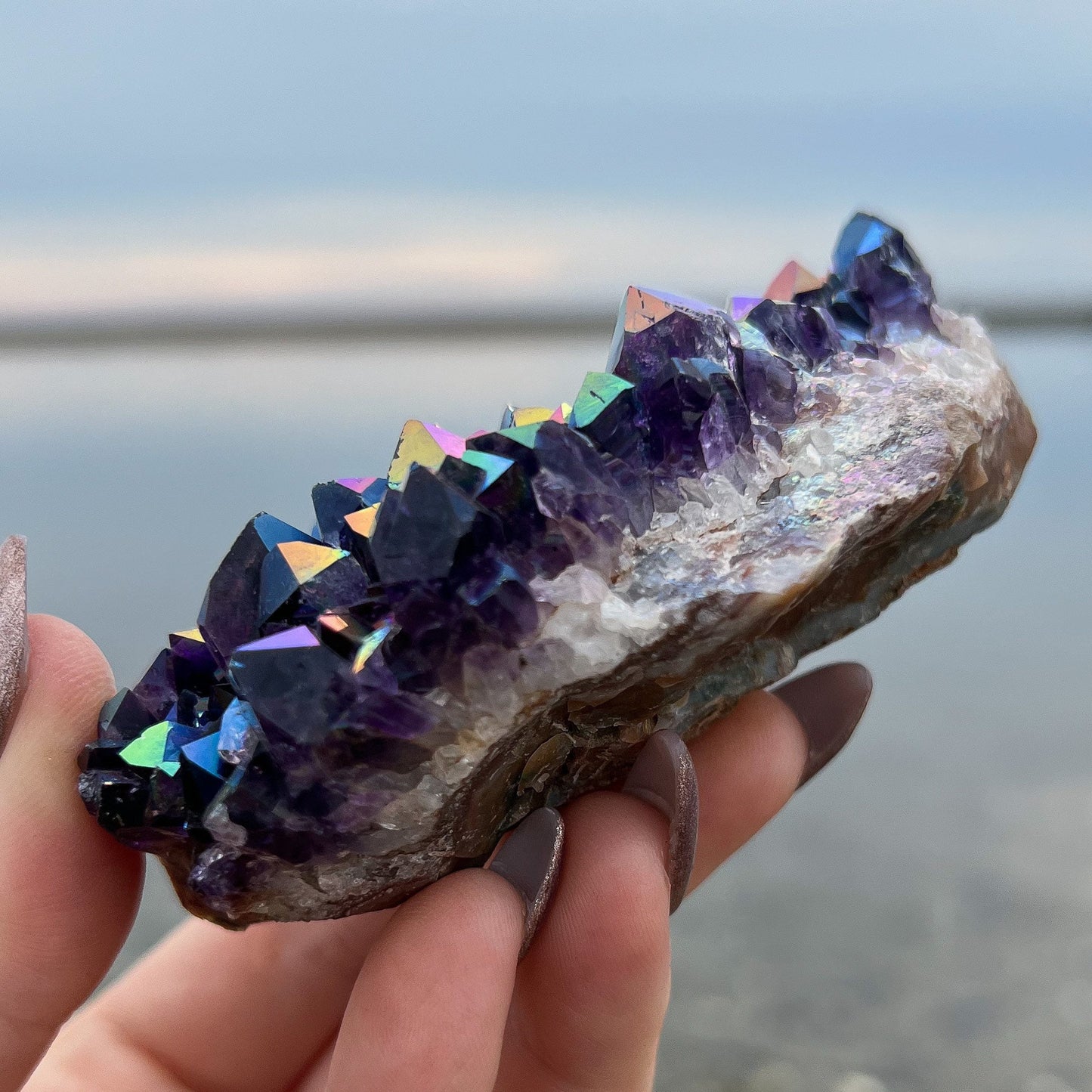 Rainbow Aura Amethyst Standing Cluster
