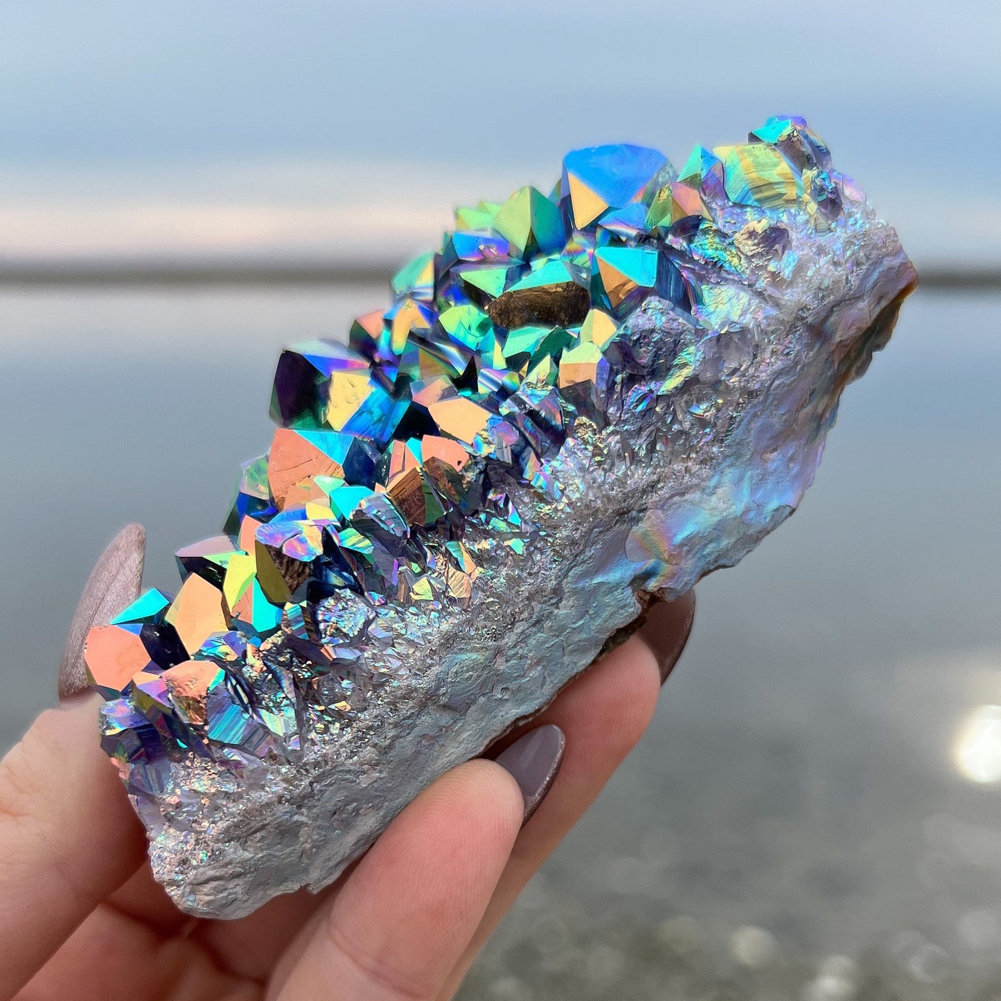 Rainbow Aura Amethyst Standing Cluster