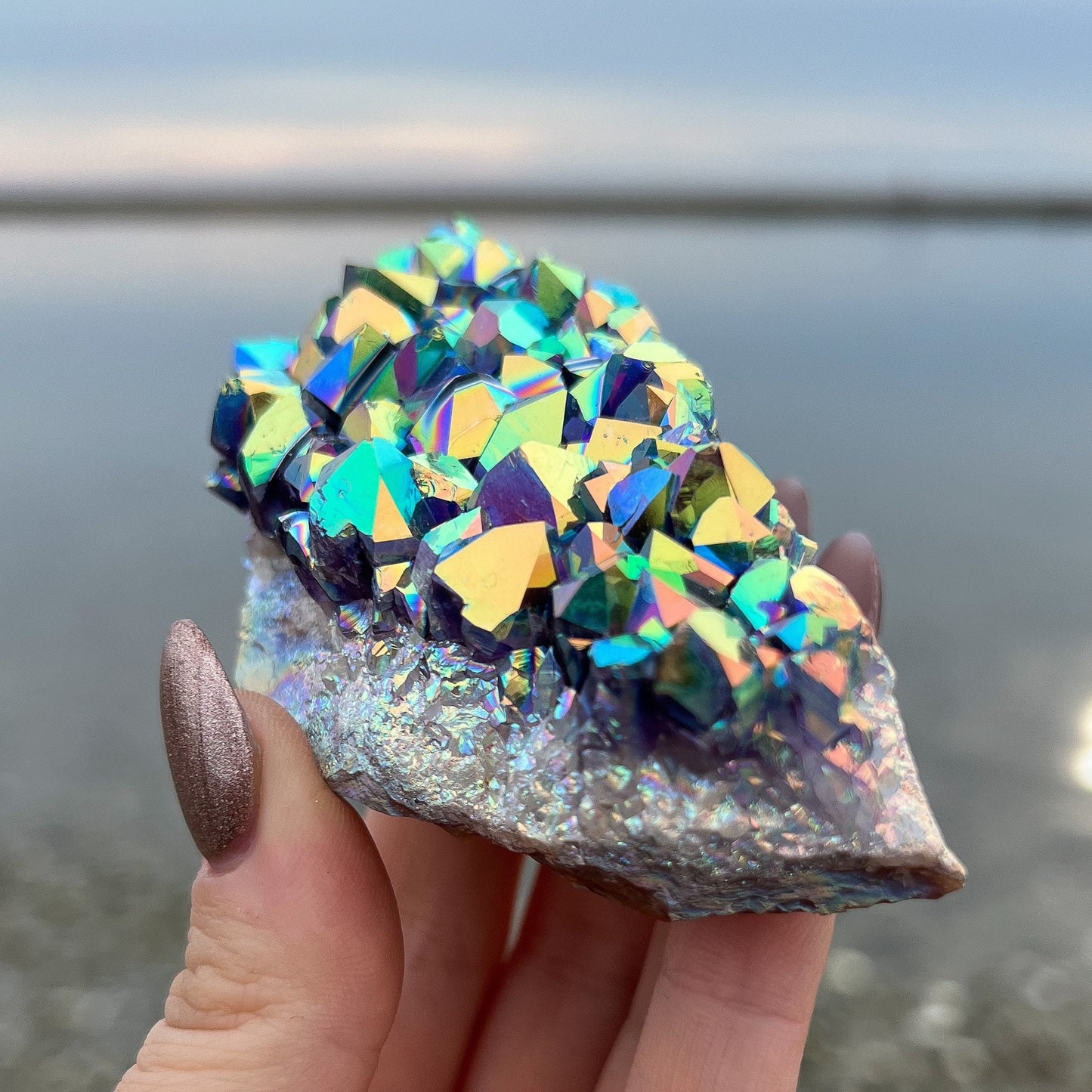 Rainbow Aura Amethyst Standing Cluster