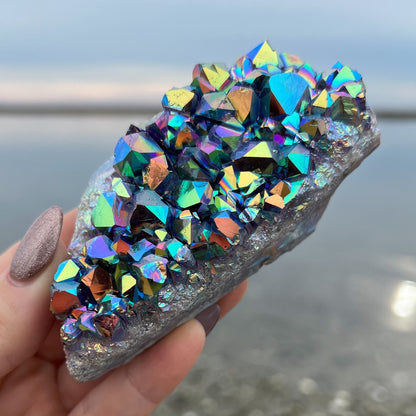 Rainbow Aura Amethyst Standing Cluster