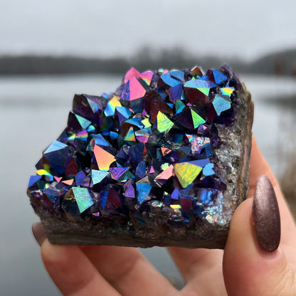Rainbow Aura Amethyst Standing Cluster