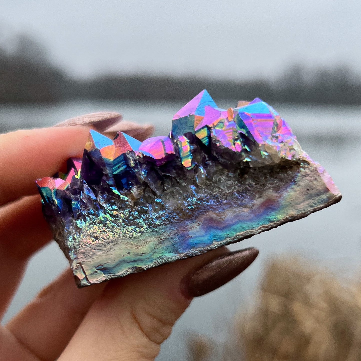 Rainbow Aura Amethyst Standing Cluster