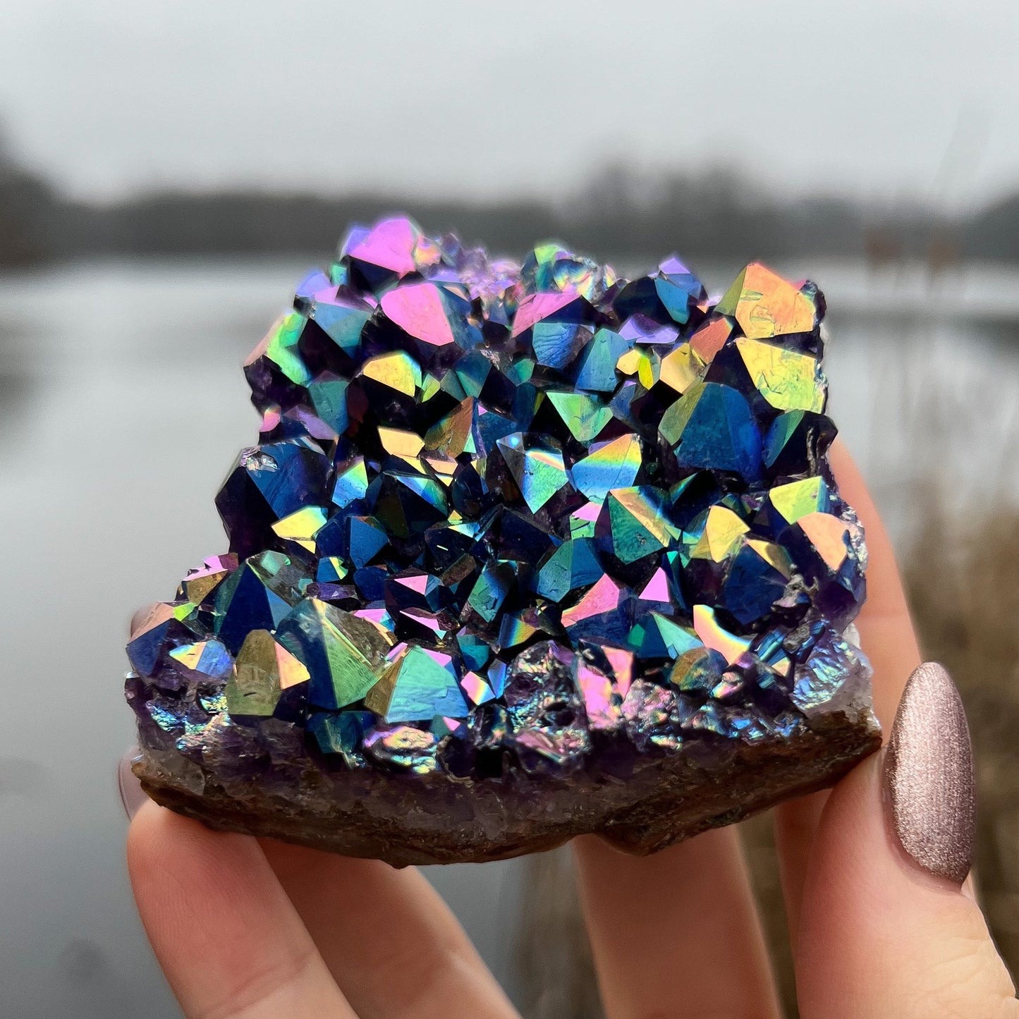 Rainbow Aura Amethyst Standing Cluster