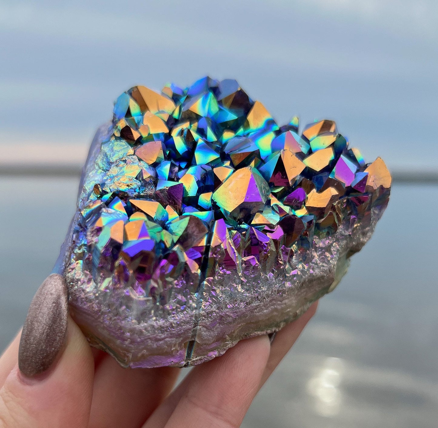 Rainbow Aura Amethyst Standing Cluster