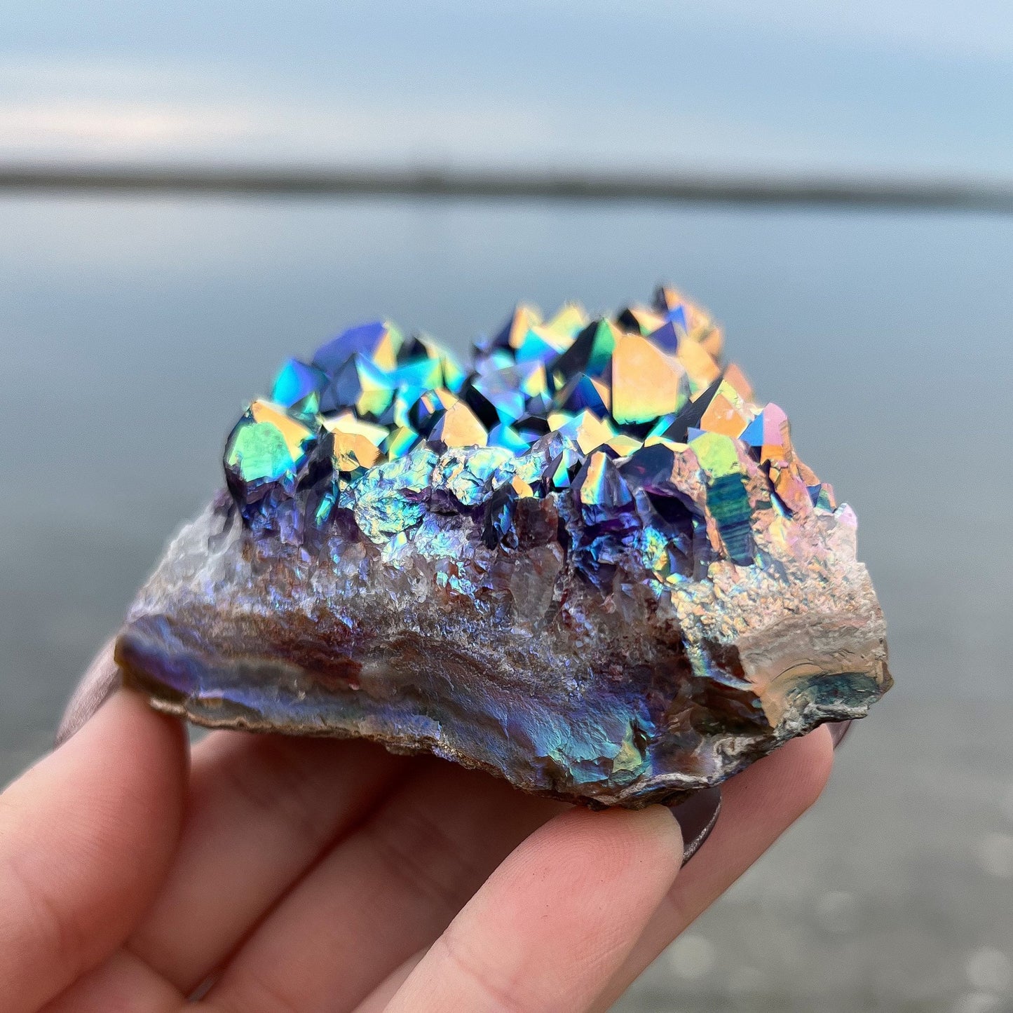 Rainbow Aura Amethyst Standing Cluster