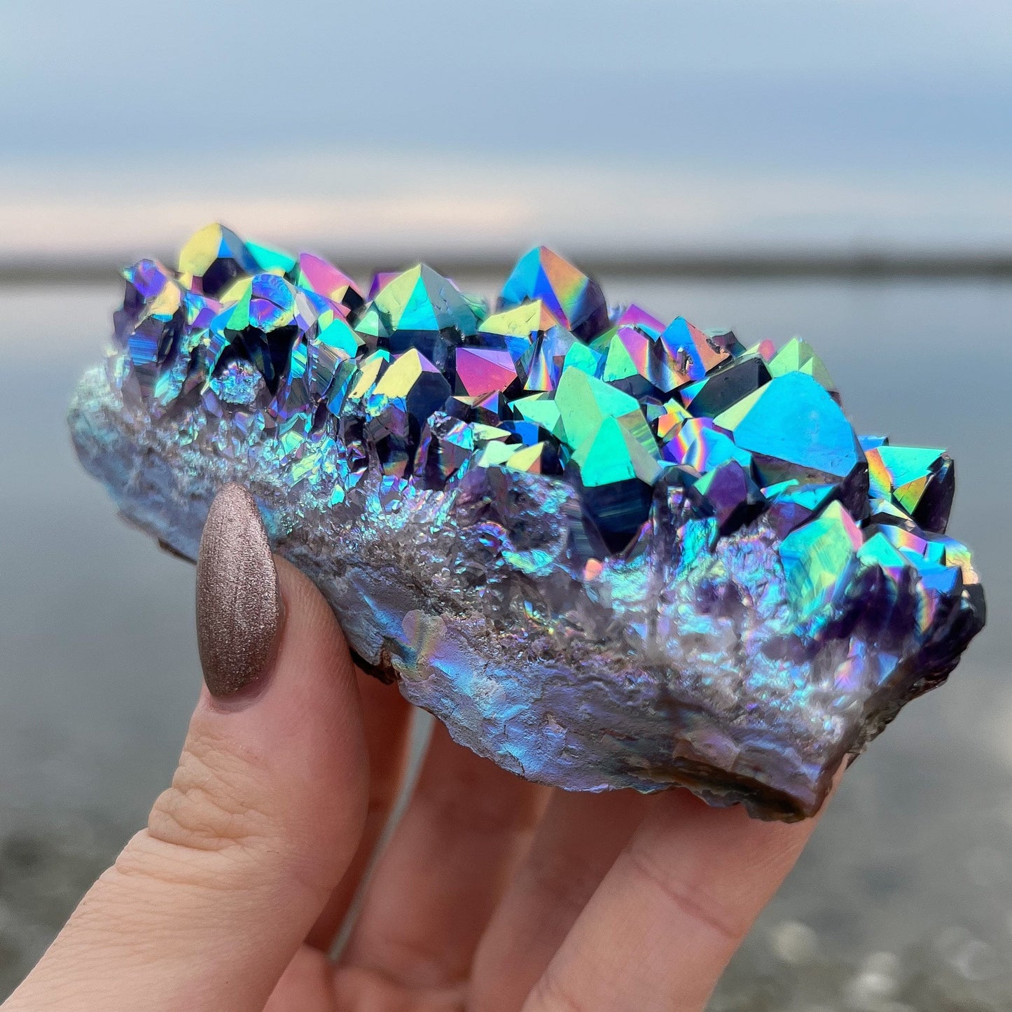 Rainbow Aura Amethyst Standing Cluster