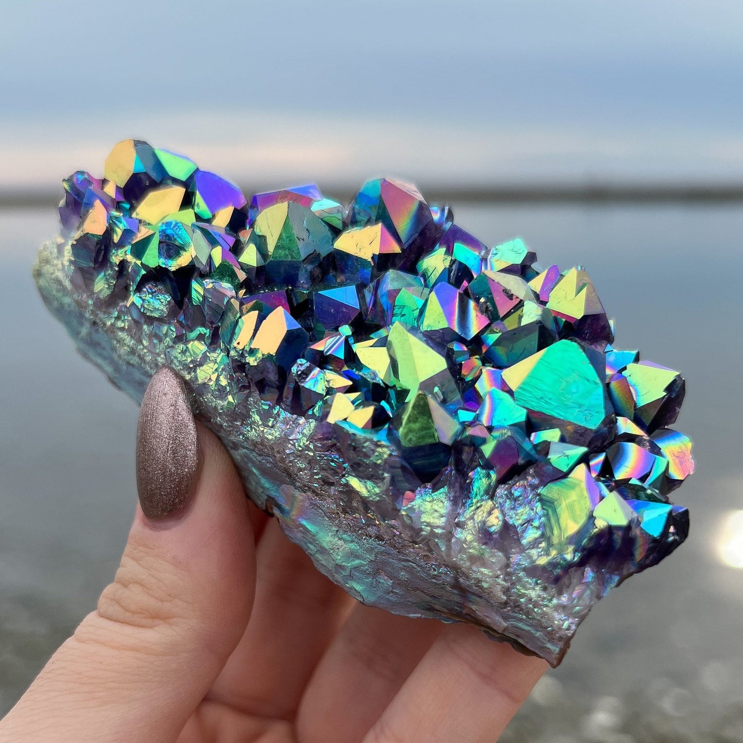 Rainbow Aura Amethyst Standing Cluster