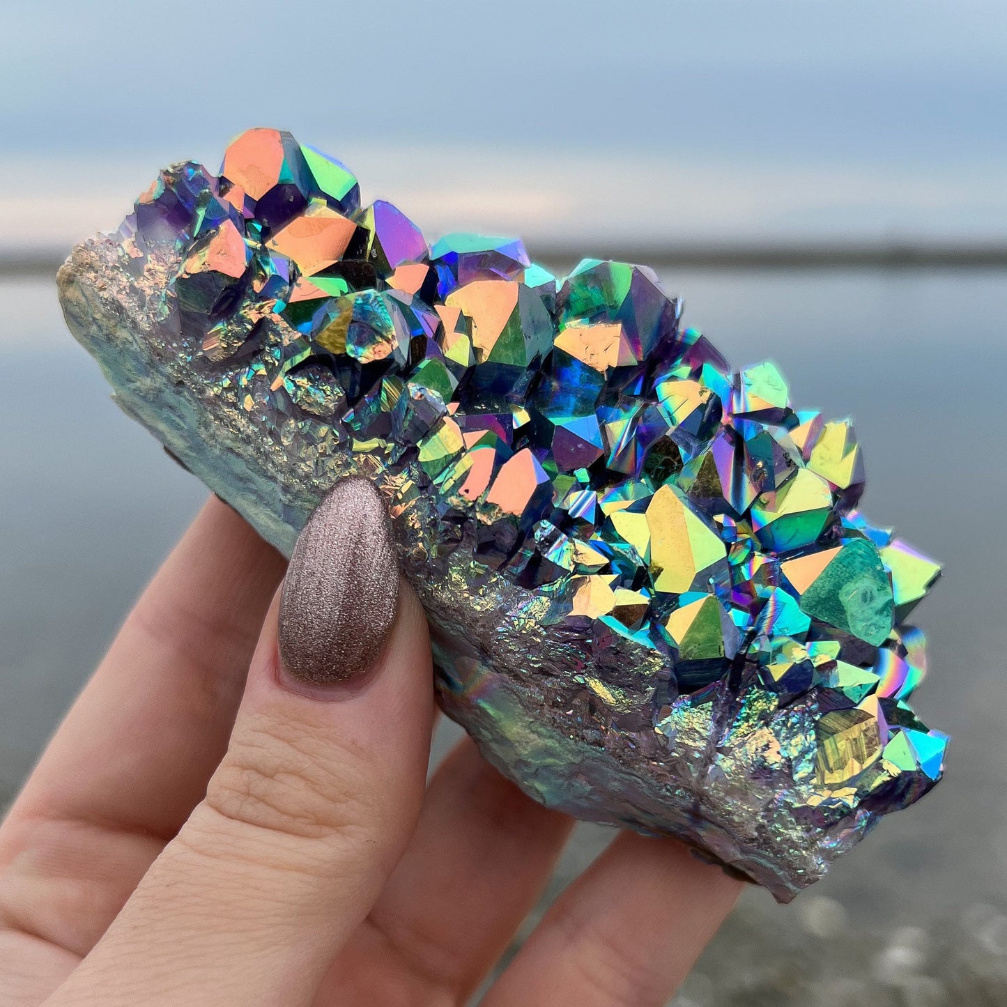 Rainbow Aura Amethyst Standing Cluster
