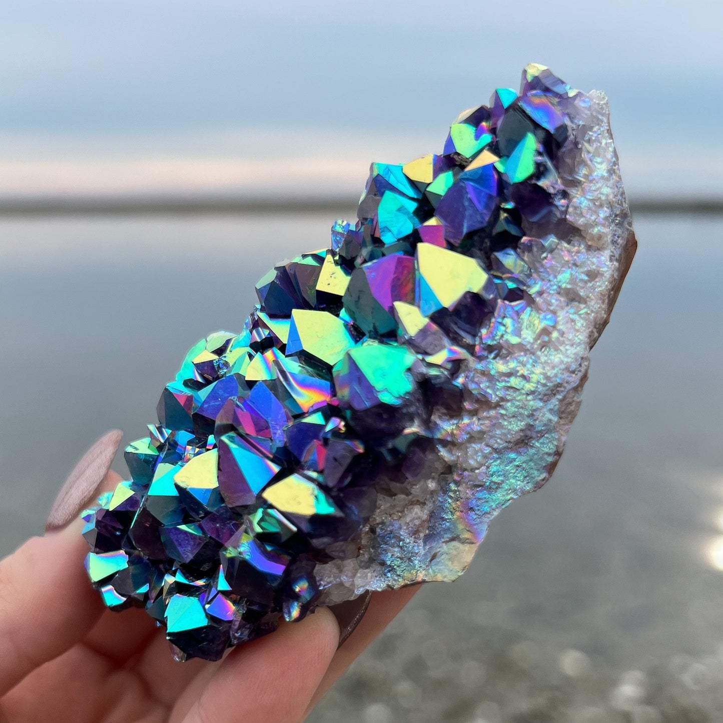 Rainbow Aura Amethyst Standing Cluster