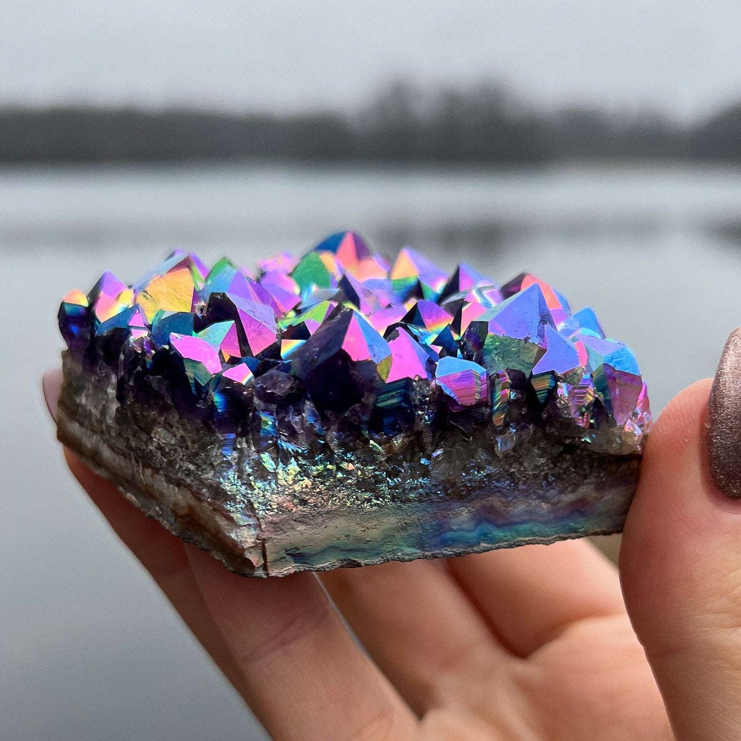 Rainbow Aura Amethyst Standing Cluster