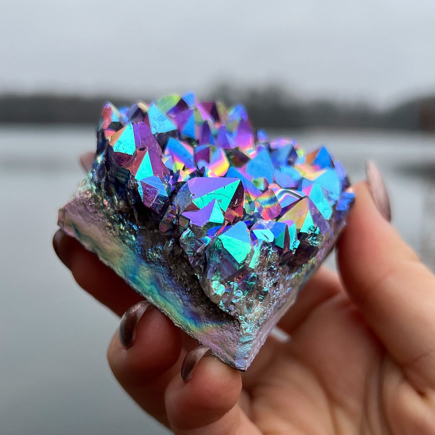 Rainbow Aura Amethyst Standing Cluster