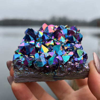 Rainbow Aura Amethyst Standing Cluster