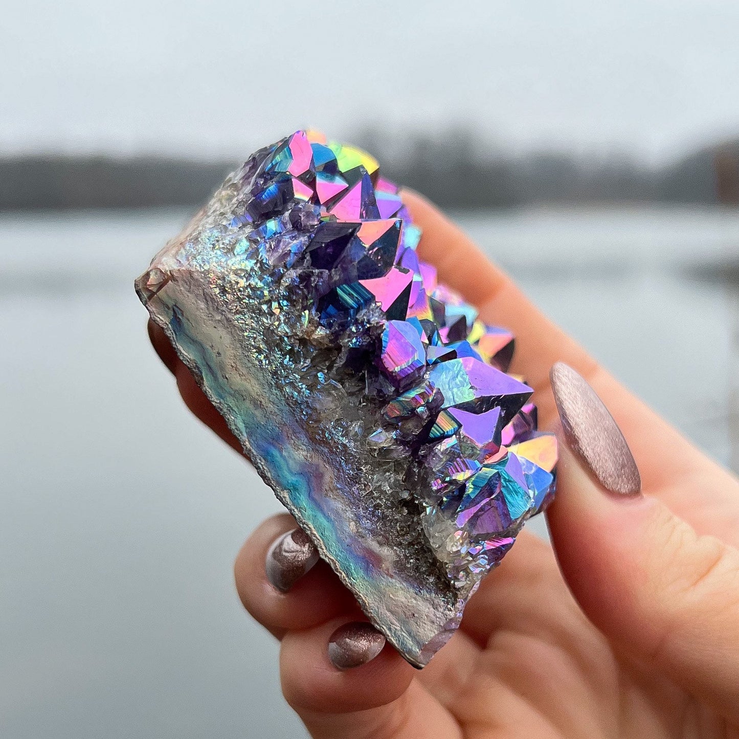 Rainbow Aura Amethyst Standing Cluster