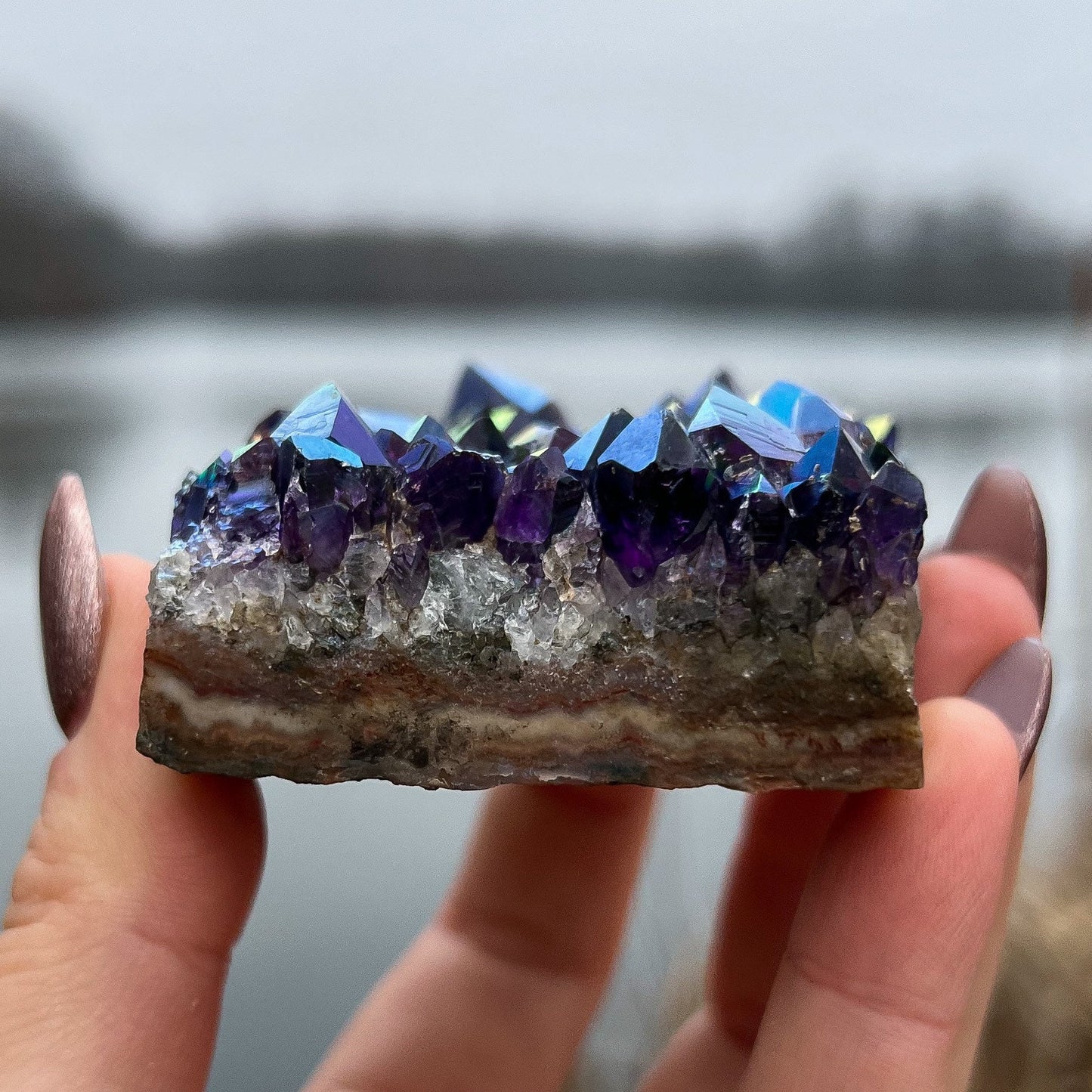 Rainbow Aura Amethyst Standing Cluster