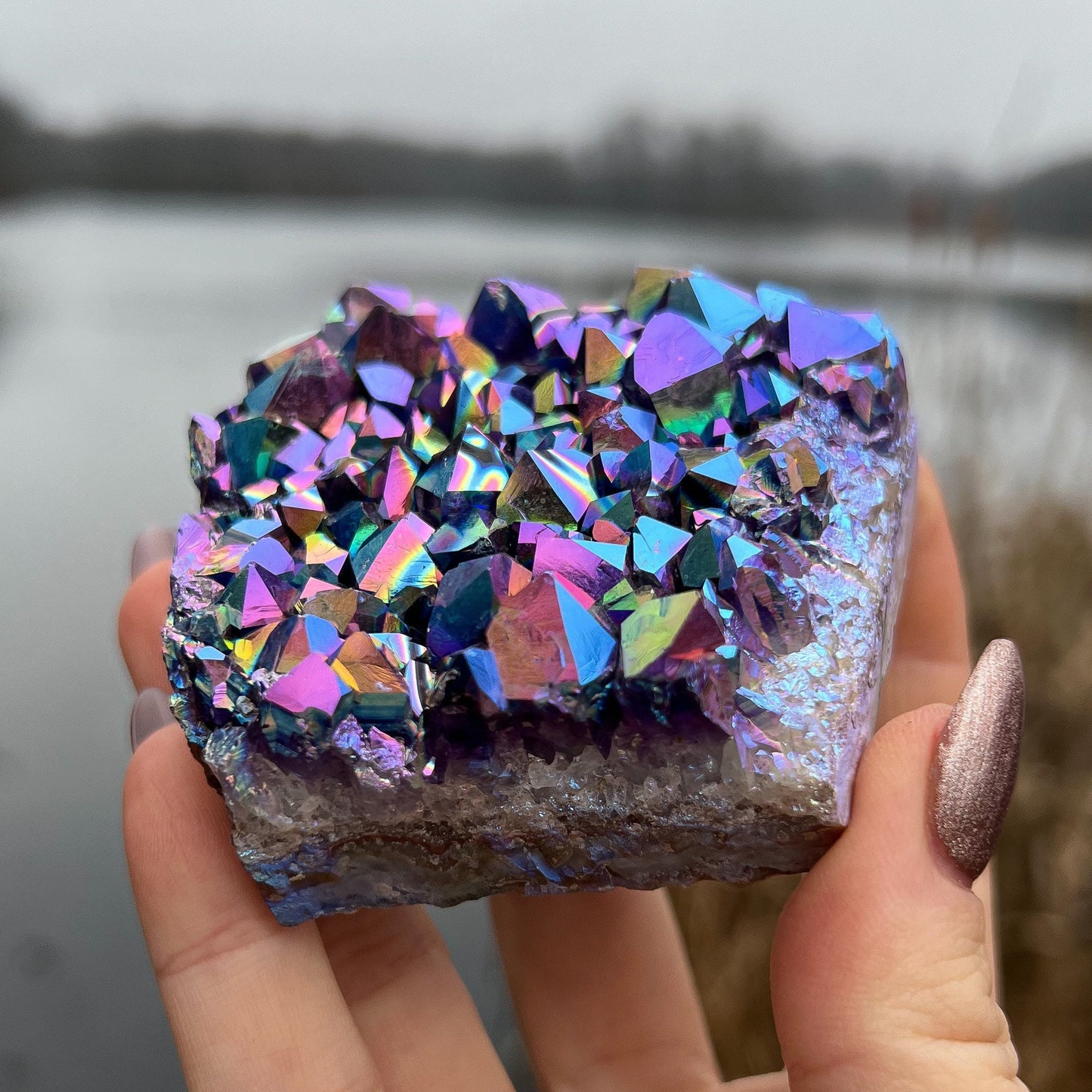 Rainbow Aura Amethyst Standing Cluster