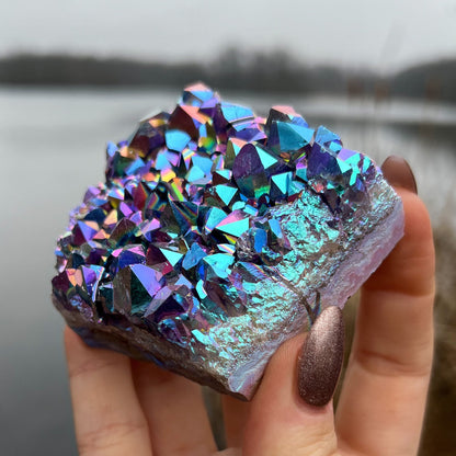 Rainbow Aura Amethyst Standing Cluster