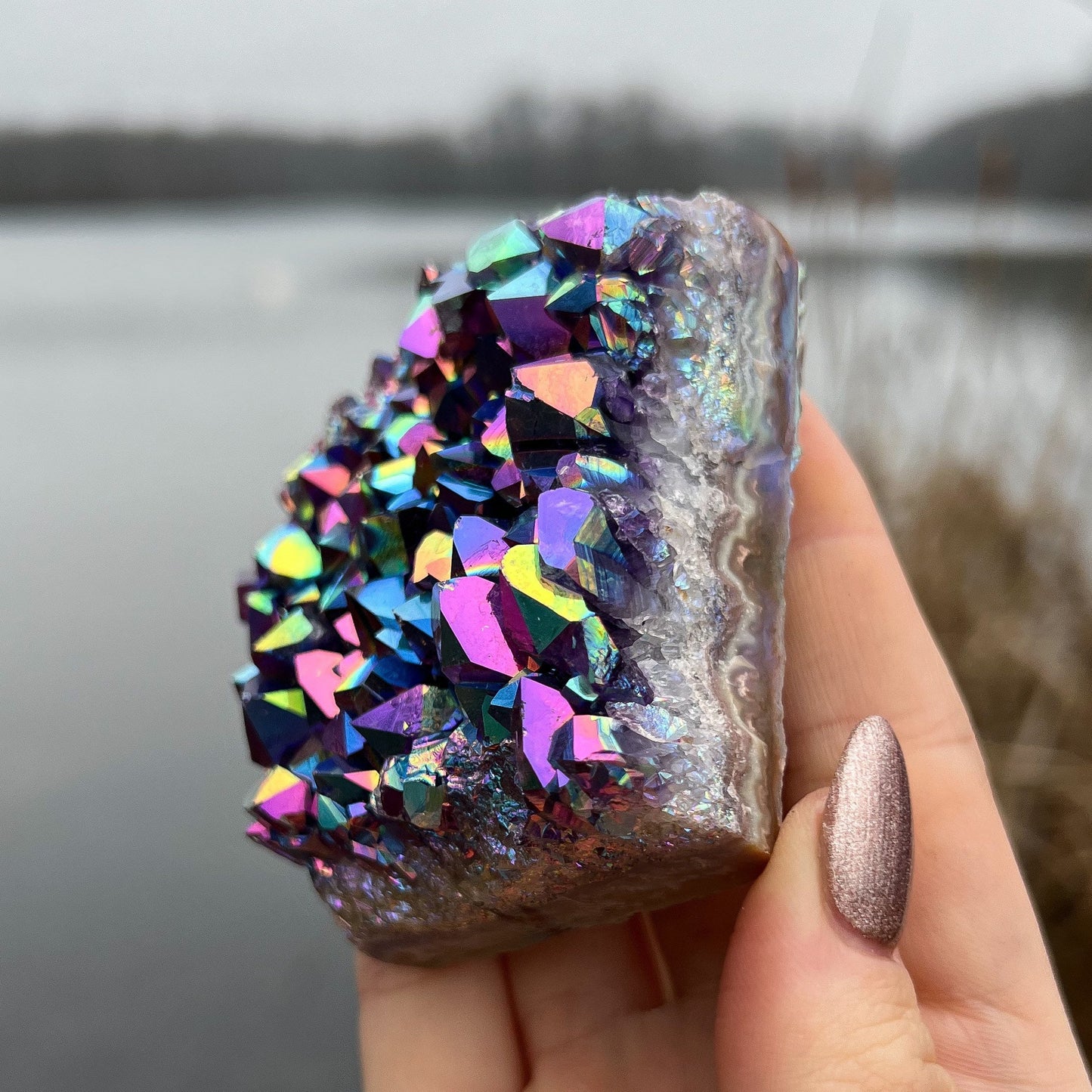 Rainbow Aura Amethyst Standing Cluster