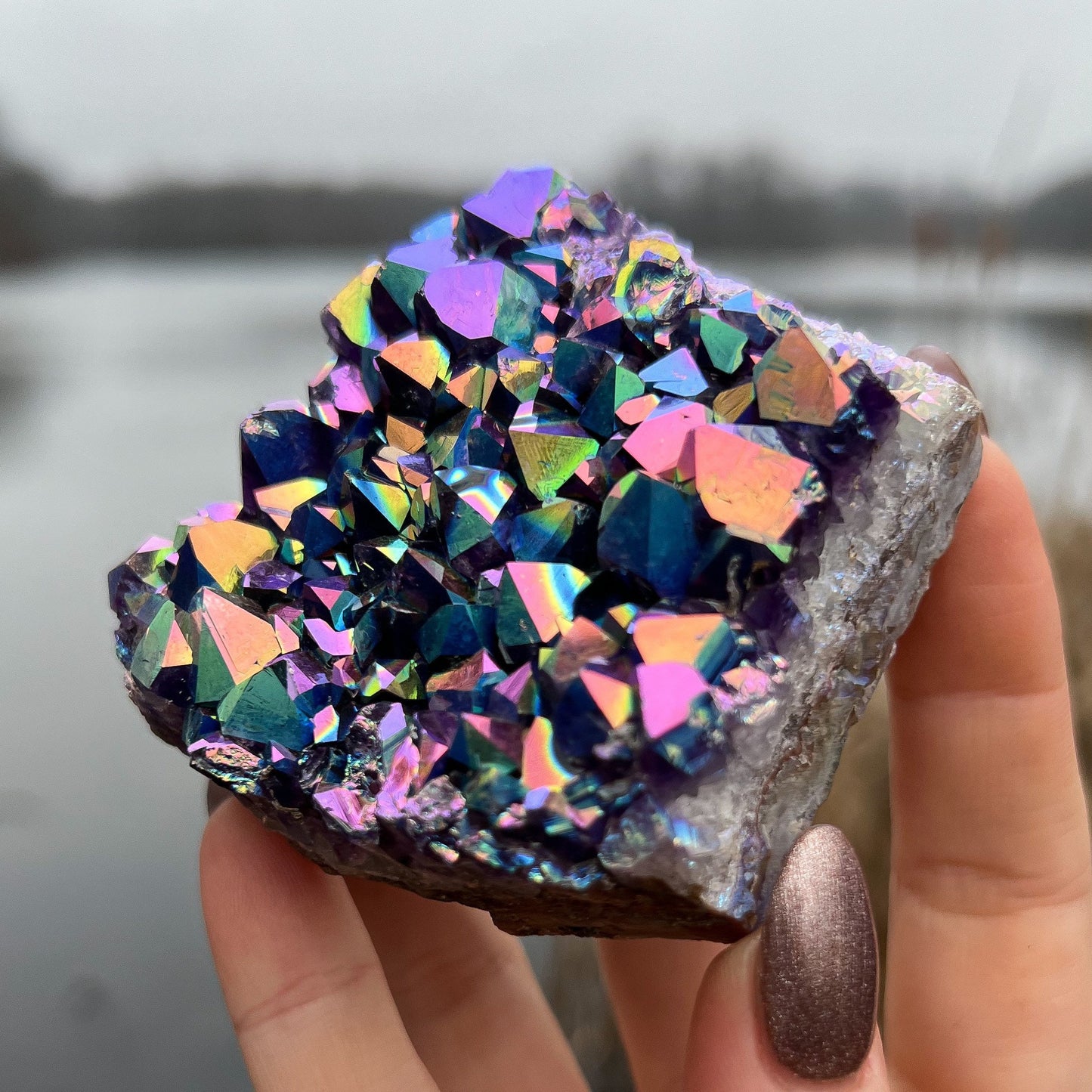 Rainbow Aura Amethyst Standing Cluster