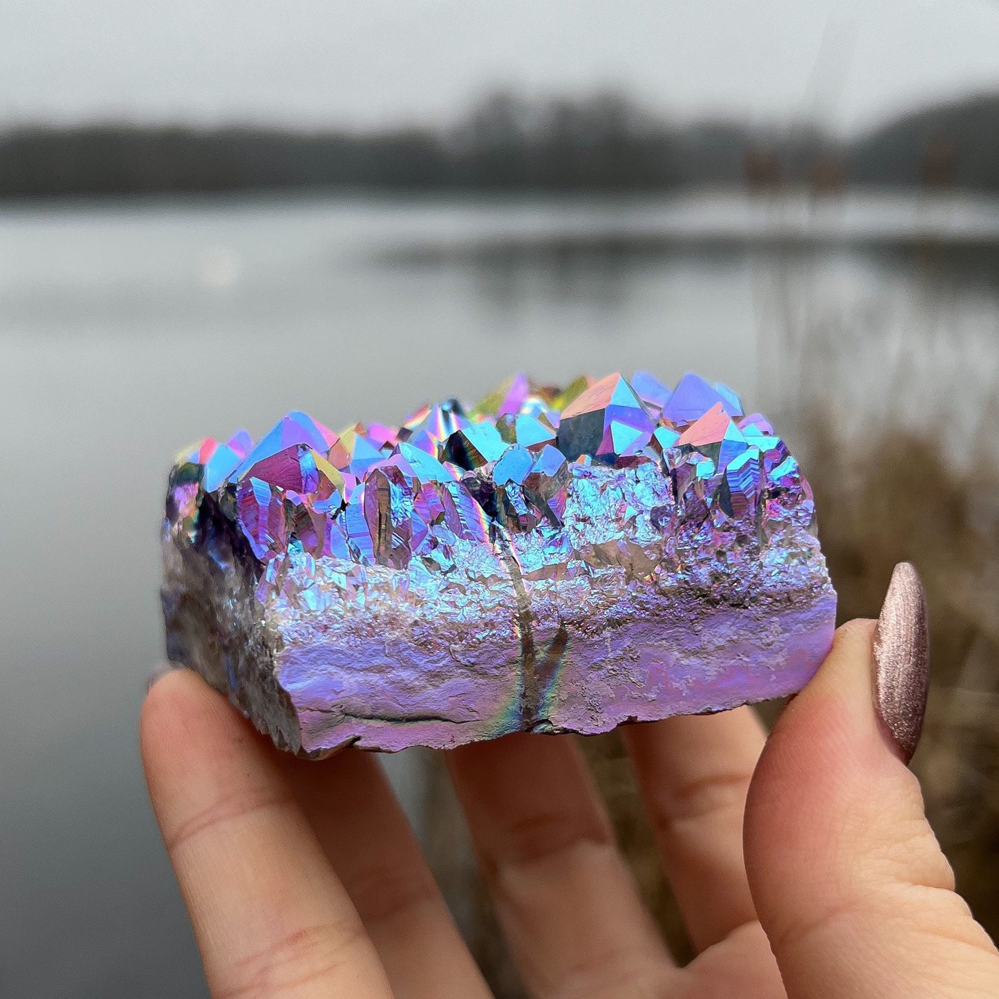 Rainbow Aura Amethyst Standing Cluster