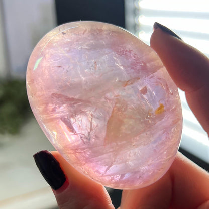 Rainbow Aura Rose Quartz Palm Stone