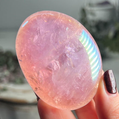 Rainbow Aura Rose Quartz Palm Stone