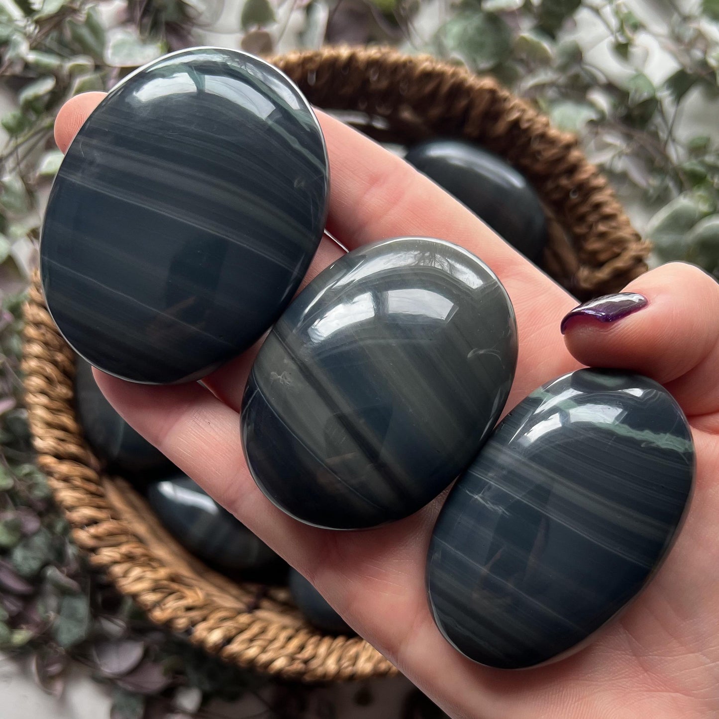 Platinum Obsidian Palm Stones