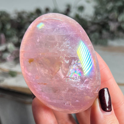 Rainbow Aura Rose Quartz Palm Stone