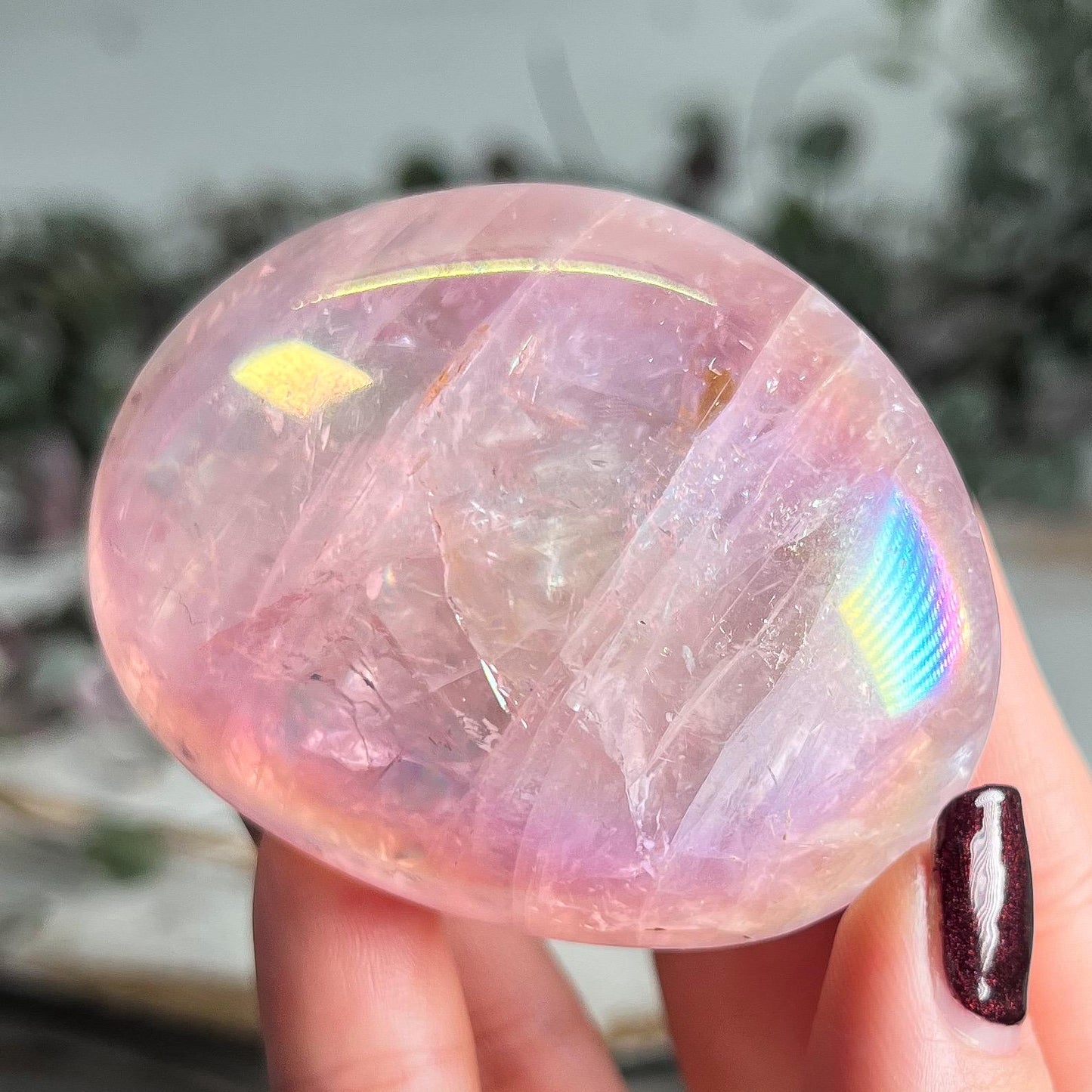 Rainbow Aura Rose Quartz Palm Stone