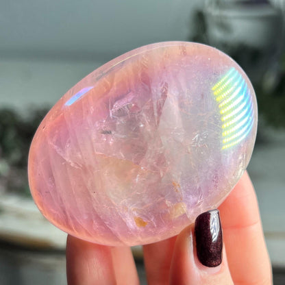 Rainbow Aura Rose Quartz Palm Stone