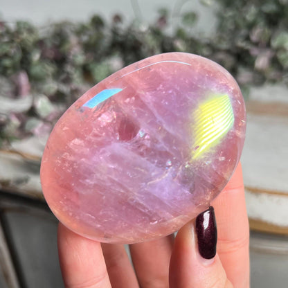 Rainbow Aura Rose Quartz Palm Stone