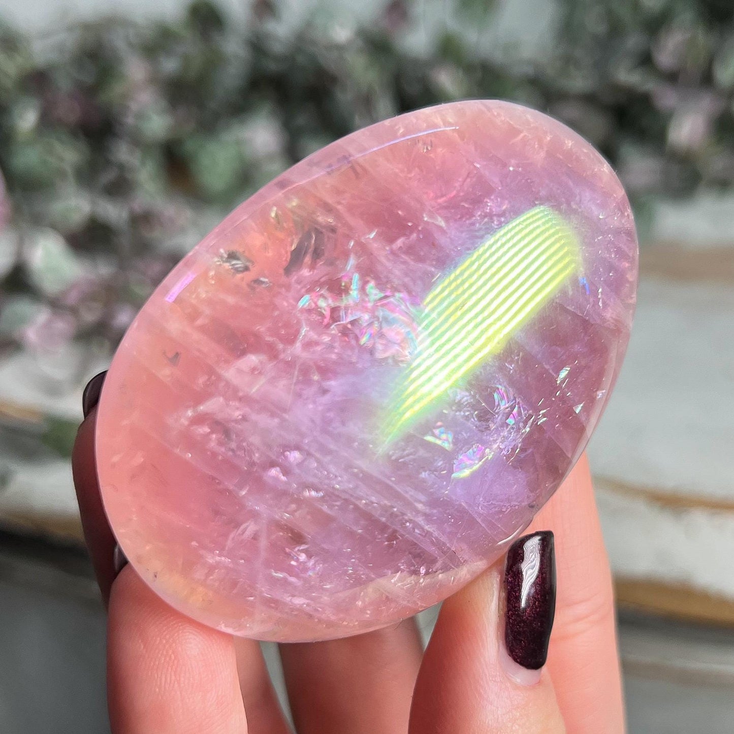 Rainbow Aura Rose Quartz Palm Stone