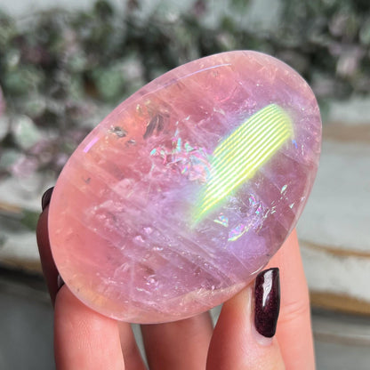 Rainbow Aura Rose Quartz Palm Stone