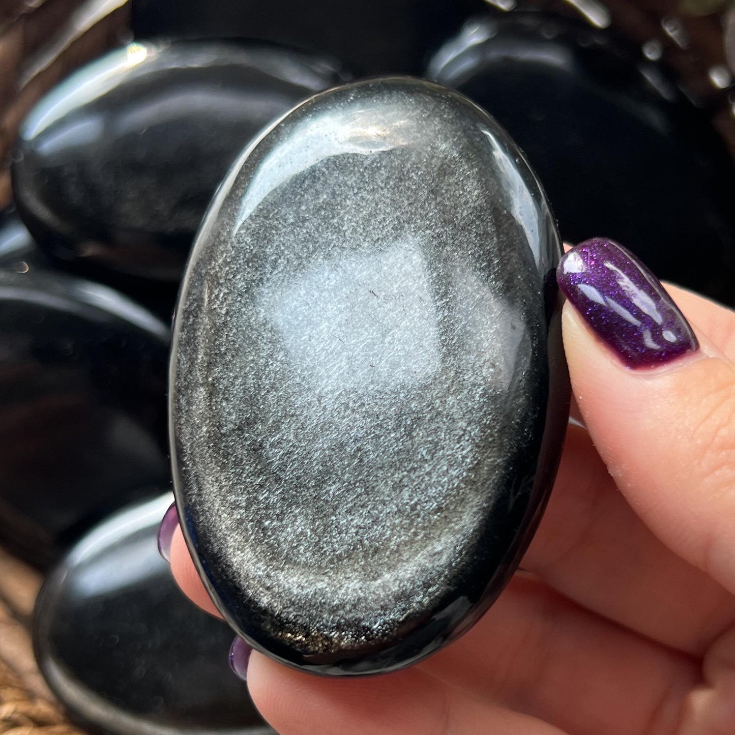 Silver Black Obsidian Palm Stones