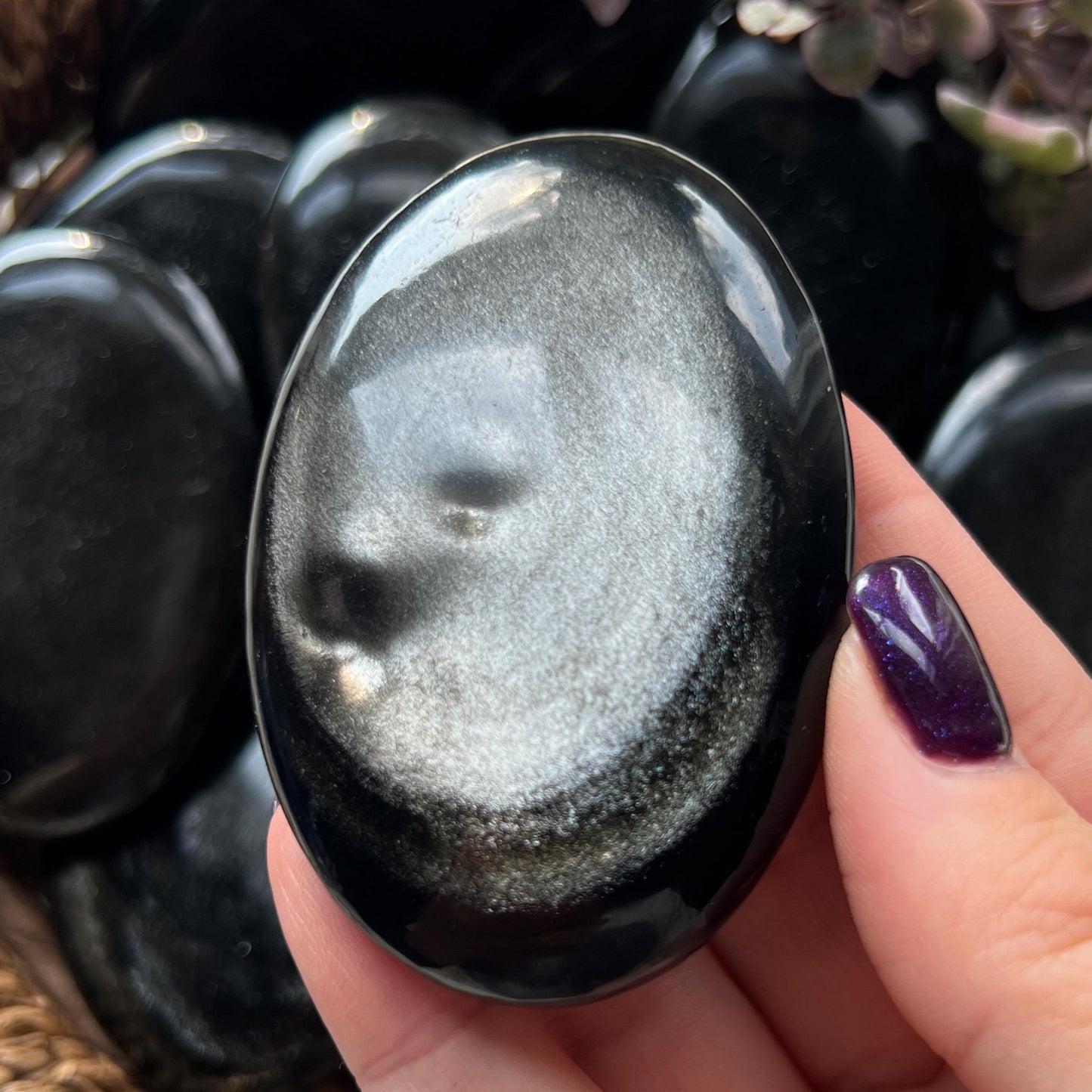 Silver Black Obsidian Palm Stones