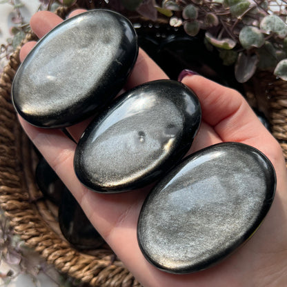 Silver Black Obsidian Palm Stones