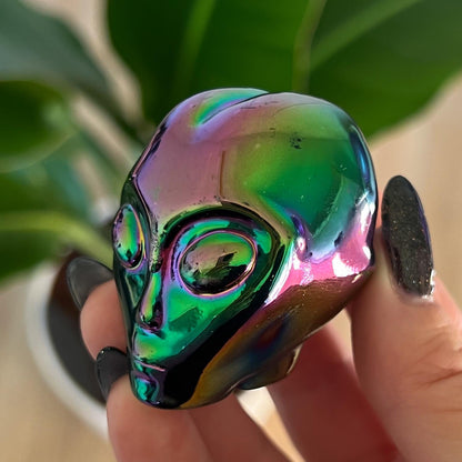 Rainbow Aura Obsidian Alien Skull
