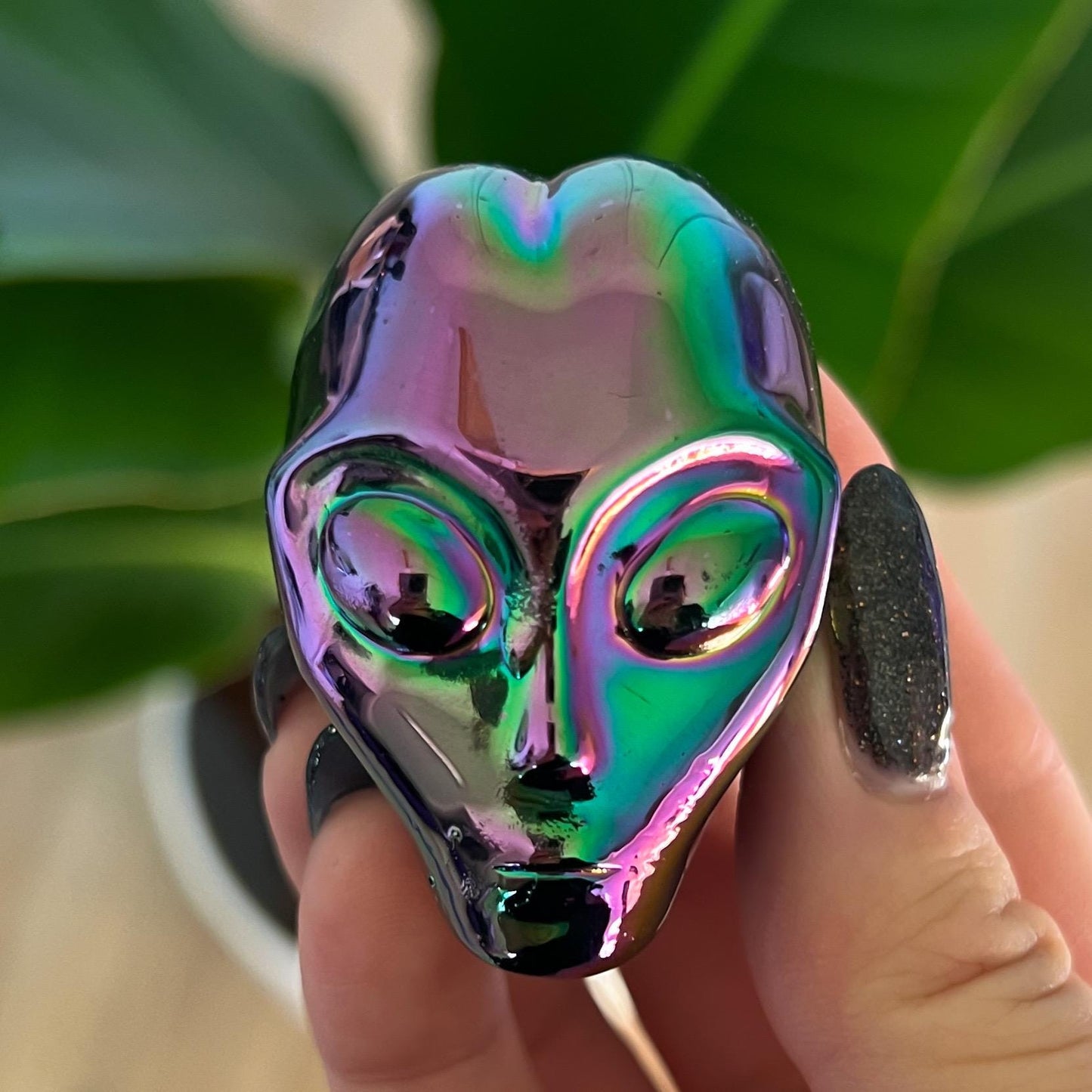 Rainbow Aura Obsidian Alien Skull