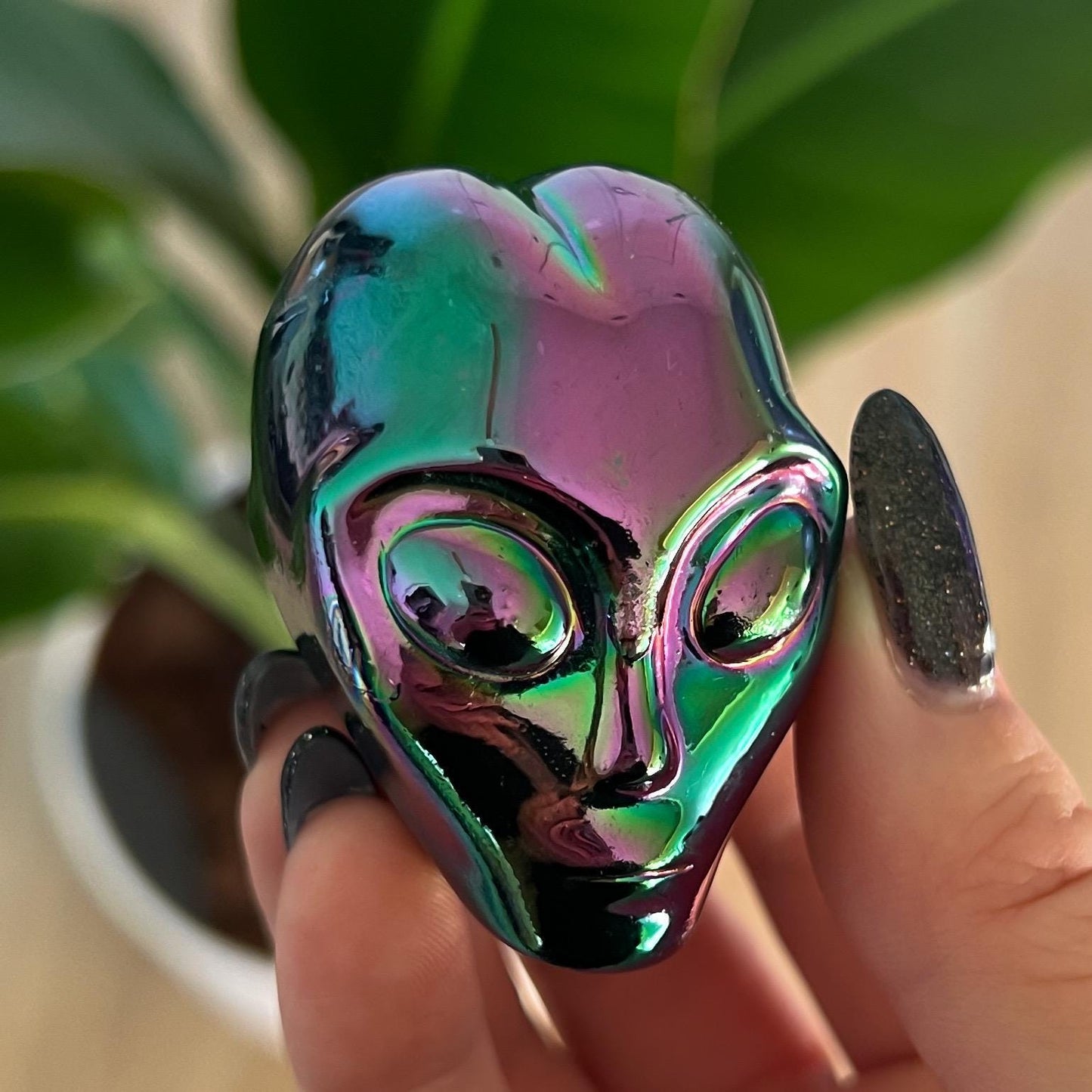 Rainbow Aura Obsidian Alien Skull