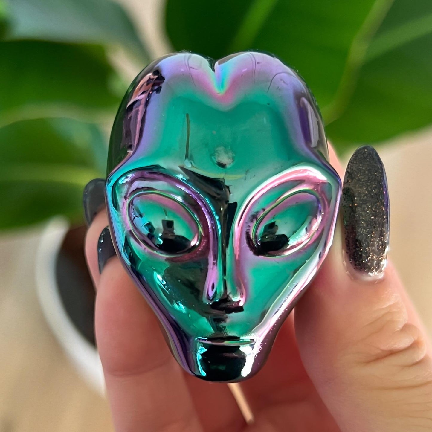 Rainbow Aura Obsidian Alien Skull